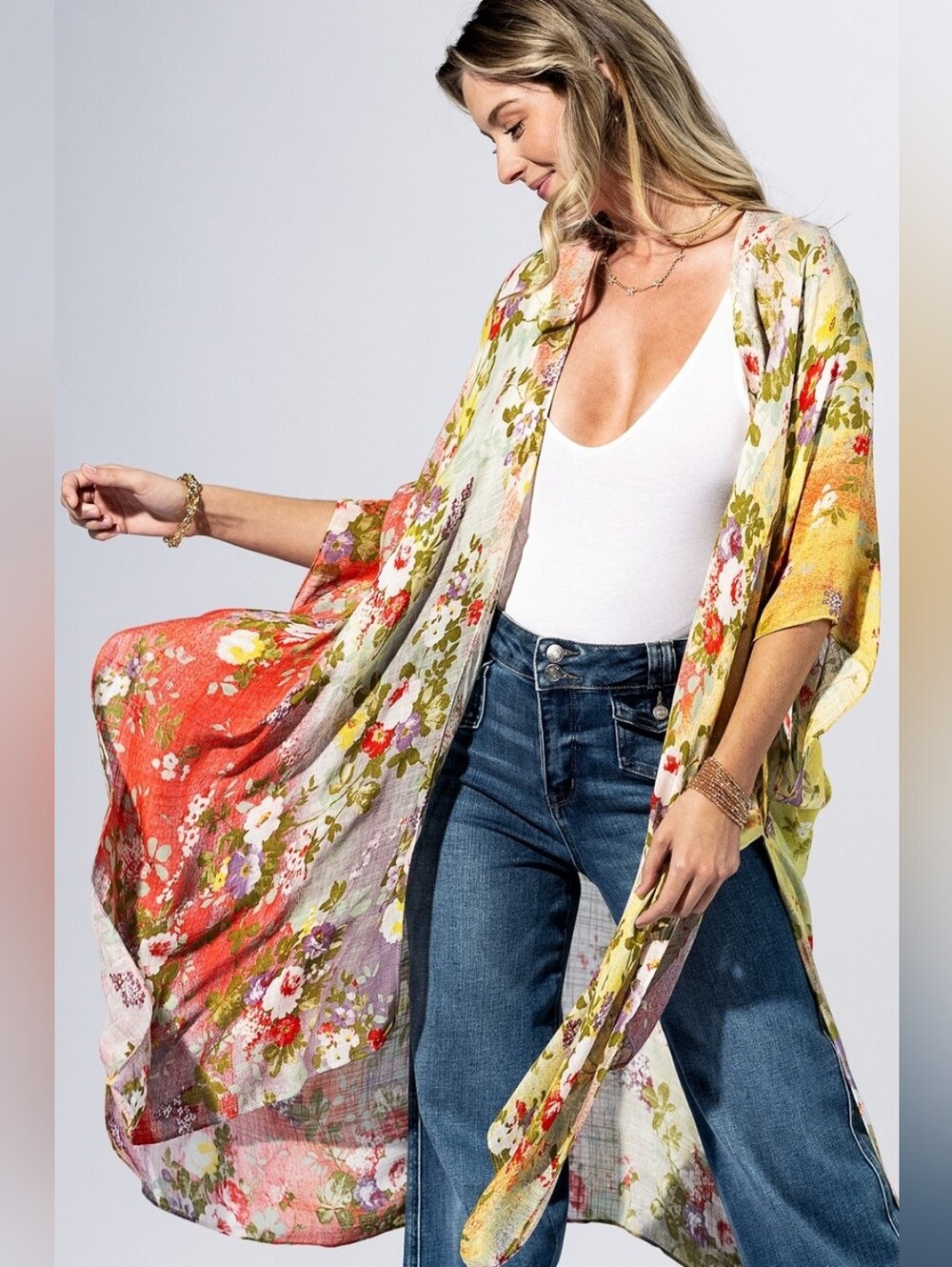 NWT One by Onedder Floral Lightweight Kimono Cardigan in Pink, Green & Coral OS